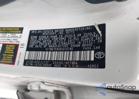 2013 Toyota Avalon Xle Touring из США, поврежденный, VIN 4T1BK1EB6DU076786